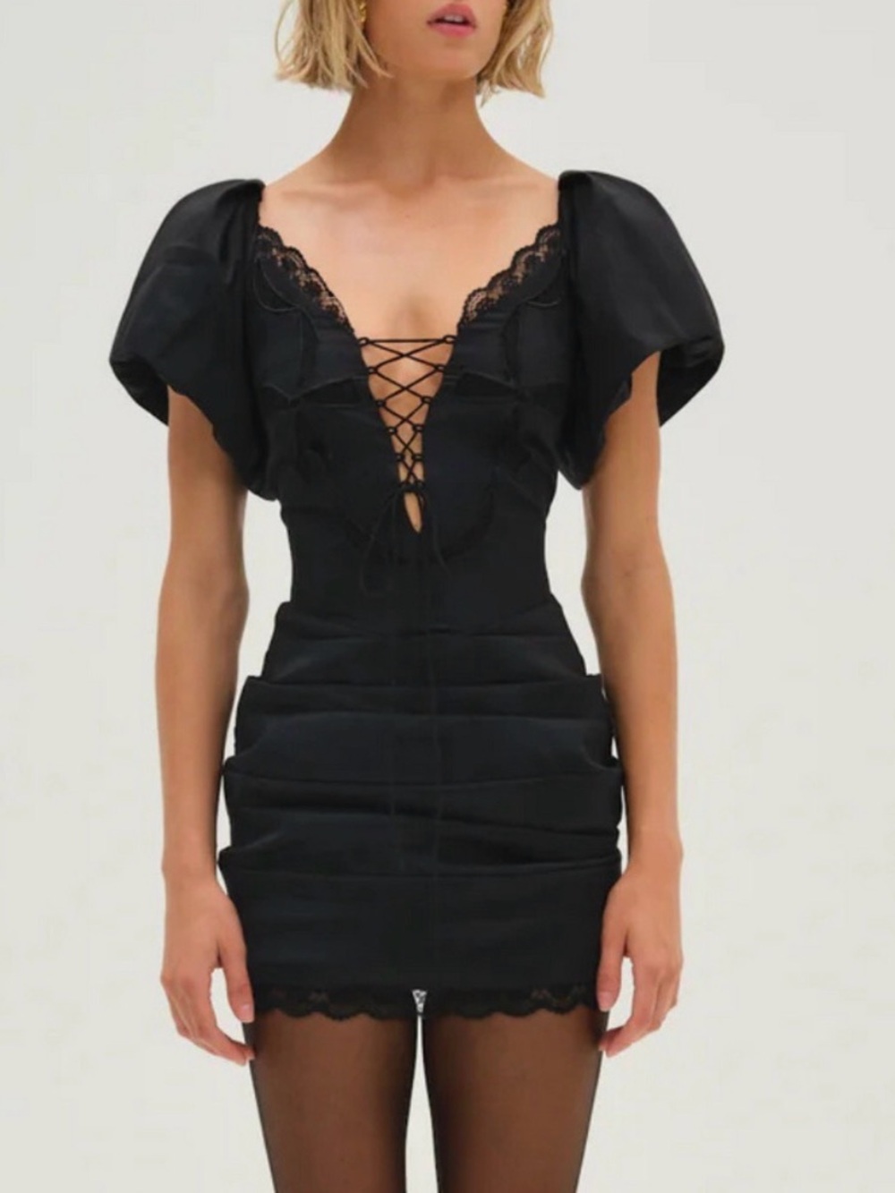 For Love & Lemons Black Lace-Up Puff-Sleeve Mini abito Singrid Dress